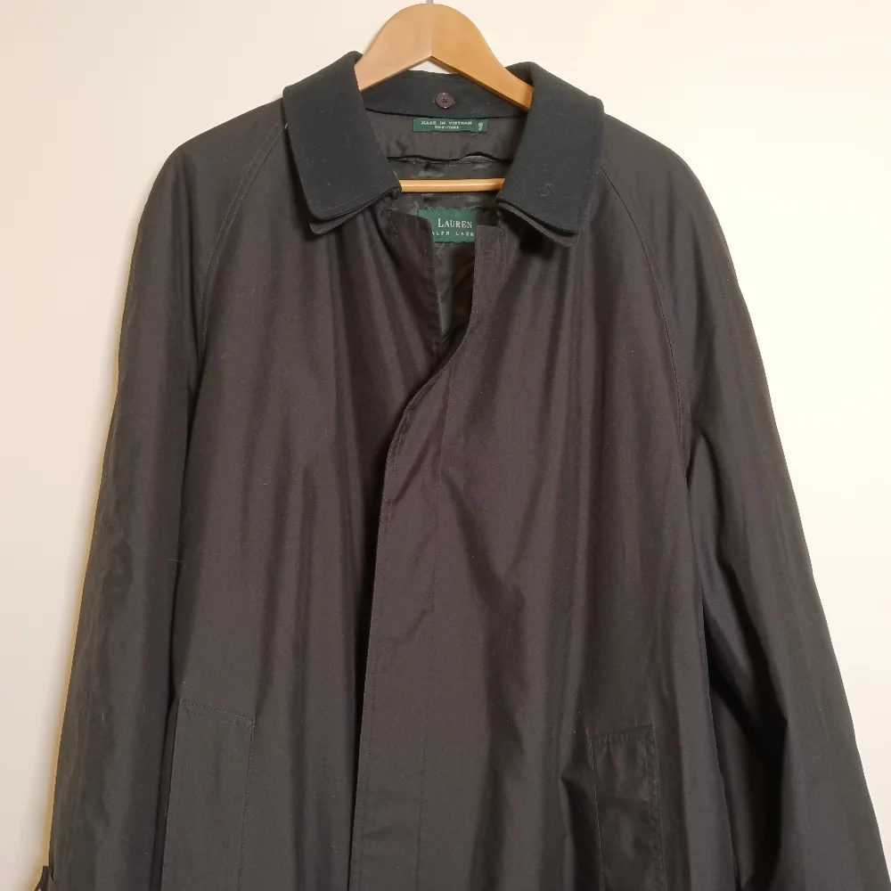 Ralph Lauren Vintage Mens Black Trench Overcoat Raincoat 44R Single Breasted